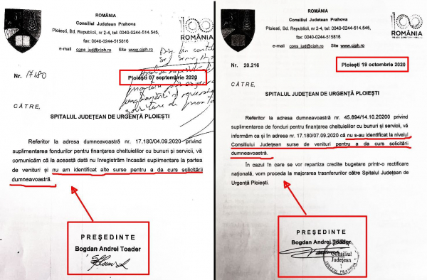 "dovada că fostul șef al CJP, Bogdan Toader, n-a vrut să finanțeze Spitalul Județean pentru pandemie"